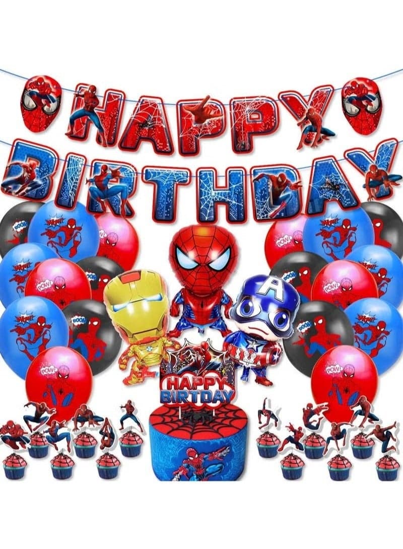 Spiderman Theme Birthday Party Decoration Children's Birthday Flag Cake Card Balloon Set Superhero Theme Party Suit Multicolor