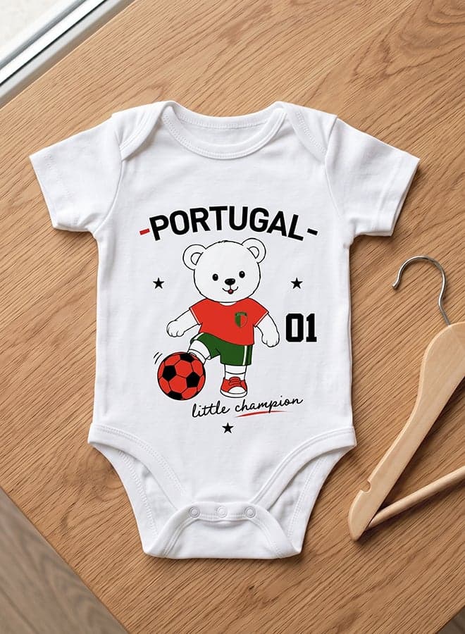 FIFA Portugal Football Printed Unisex Baby Onesie, Little Champion Teddy Graphic, Soft Cotton Infant Bodysuit - White