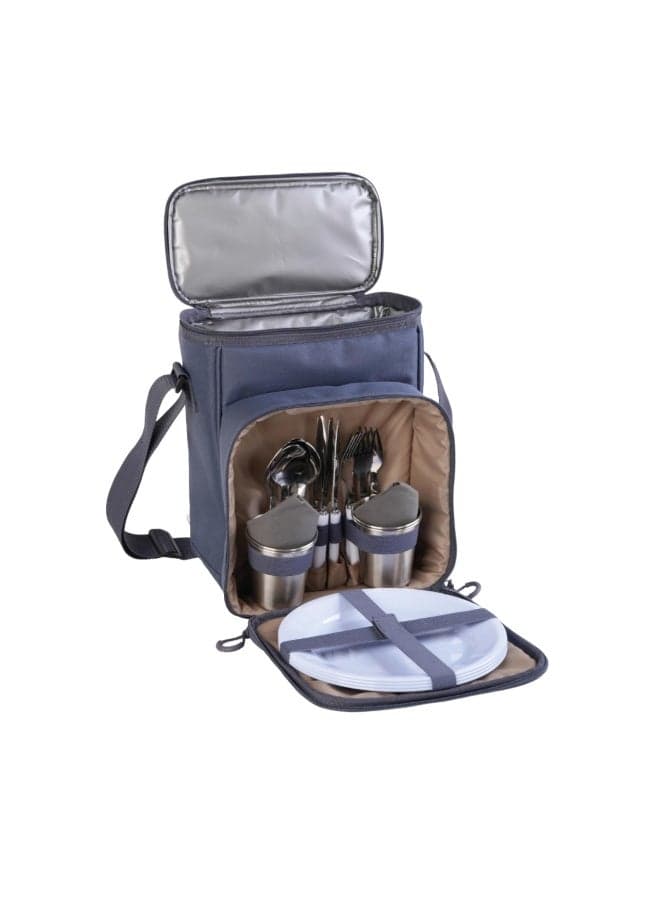 Camp Mate Set Picnic Bag for 4-Person / Outdoor Travel Thermal Insulation Bag / Includes Stainless steel nives 4 , forks 4 , spoons 4 , cups 4 , dinner plates 9" 4 , napkins 4 / Leak Proof / Easy to Clean / Adjustable Shoulder Strap - Blue