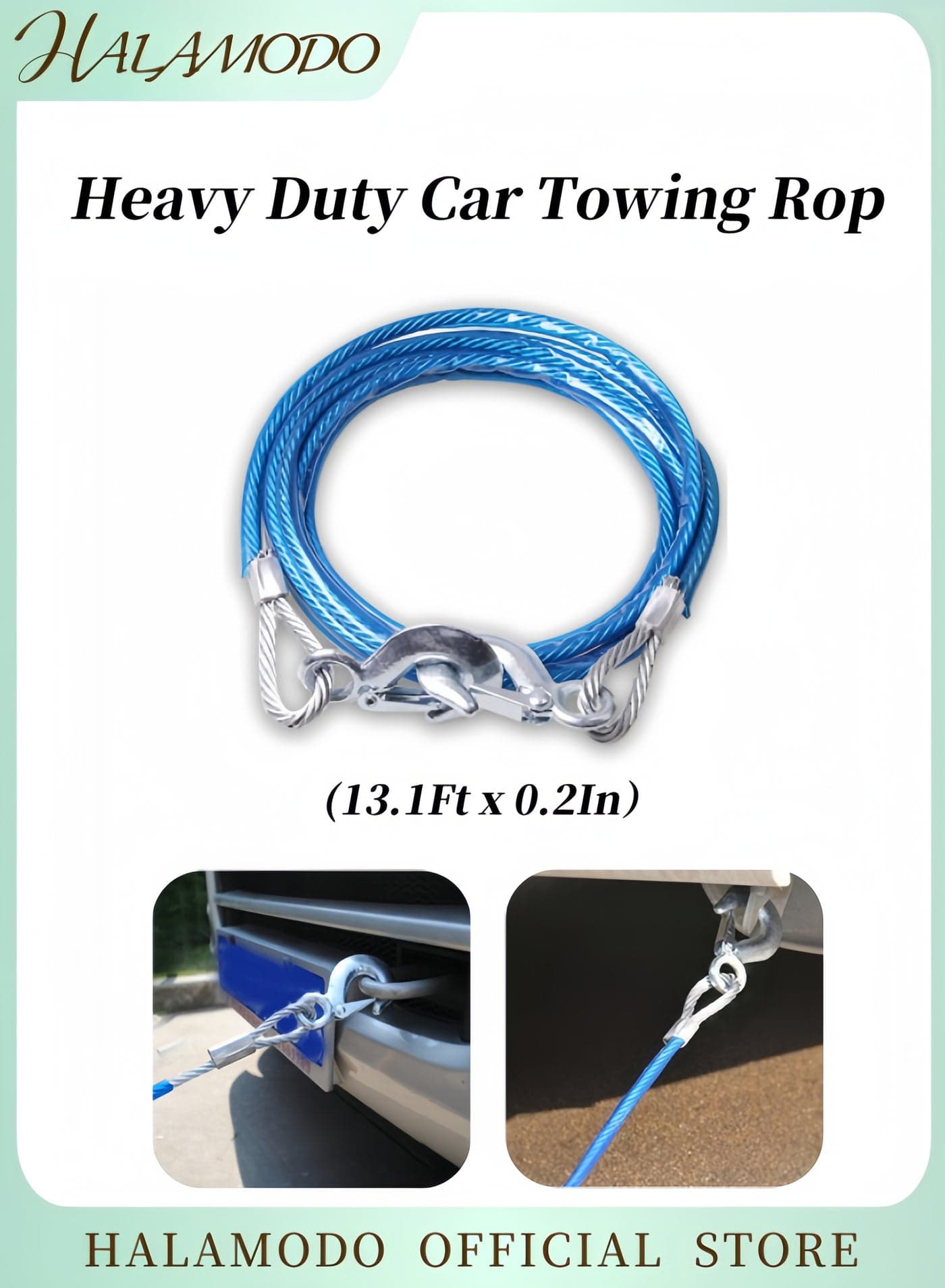 Heavy Duty Car Towing Rop with Hooks Towing Cable 3 Tons Safety Hook Steel Rope Portable Durable Vehicle Winch Cable Universal Automotive Wire Rope Accessories (13.1Ft x 0.2In)