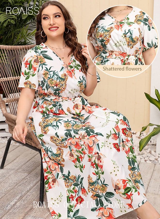 Women's Large Size Floral Print Dress with Waist Belt Midi Long Dress High Waist Design V-Neck Short Sleeve Waist Tie Ruffle Dresses for Casual Dating Party White