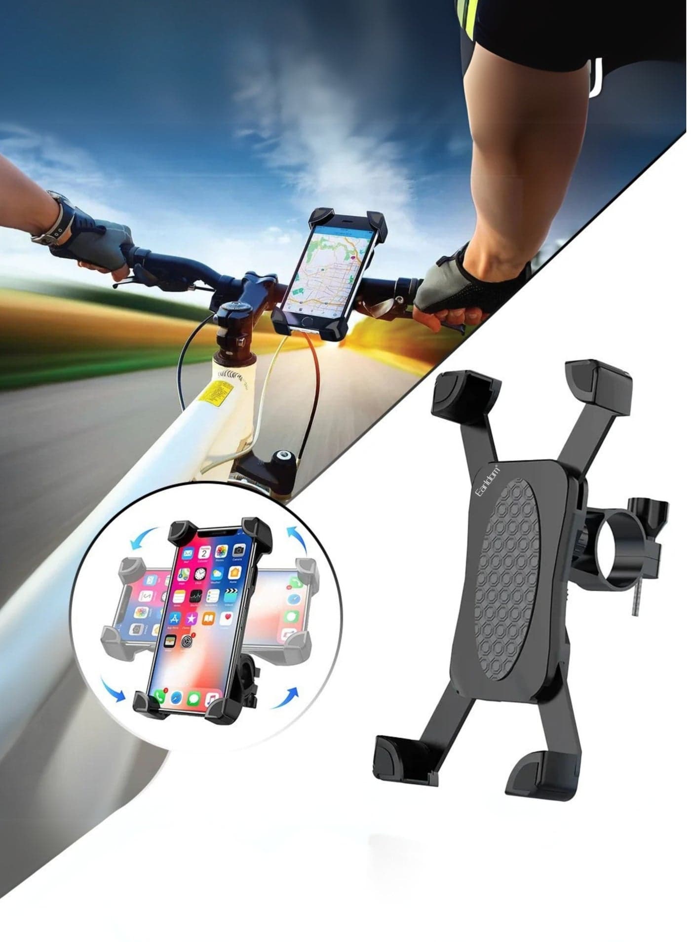 Universal 360° Rotating Shock-Absorbing Motorcycle & Bicycle Phone Holder – Adjustable Mount for iPhone, Samsung, Huawei, Xiaomi & More | Black