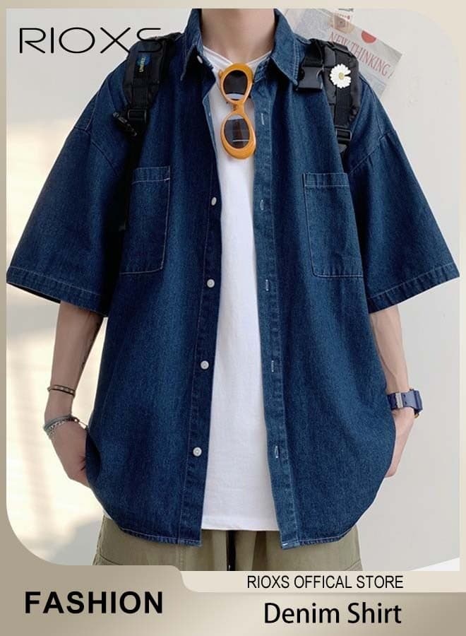 Men's Shirt, Short-Sleeve Denim Shirt with Front Pockets, Loose-Fit Casual Button-Down Polyester Shirt, Youth Solid-Color Collared Cardigan Jacket