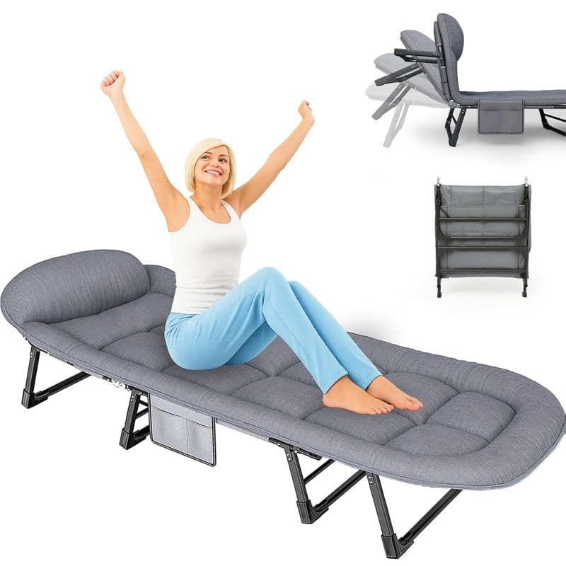 Folding Camping Cot with Mattress & Pillow– 180×66cm – 6-Angle Adjustable Chaise Lounge Chair, Heavy-Duty Portable Reclining Bed for Office, Patio & Beach