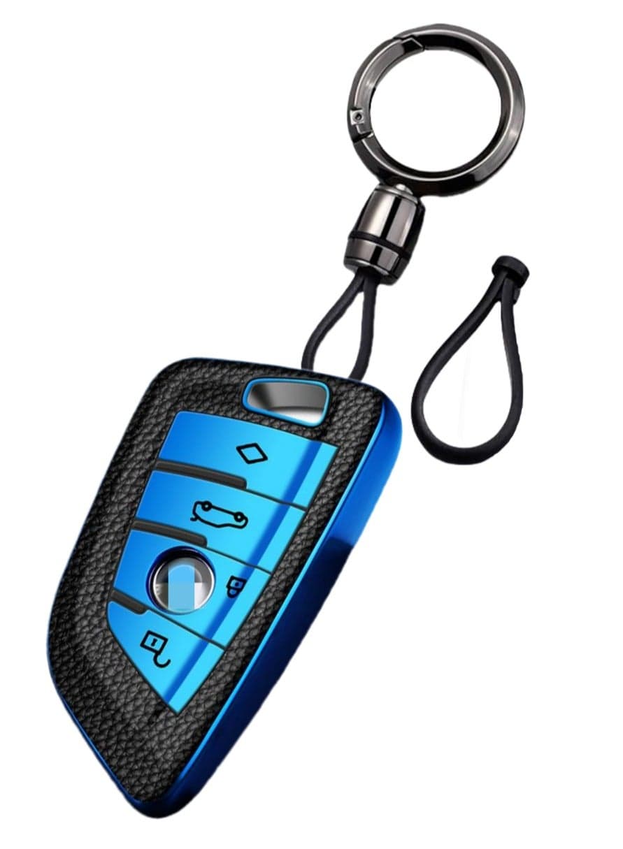 OUYoo Key Fob Cover Case, Keychain, Metal Shell Cover Compatible for BMW 2 3 5 7 Series X1 X2 X3 X5 X6 X7 X5m Z4 M3 M5 M6 G05 G20 G30 G31 G80 F10 F15 Series Premium TPU all-inclusive key case with key chain.(Blue)