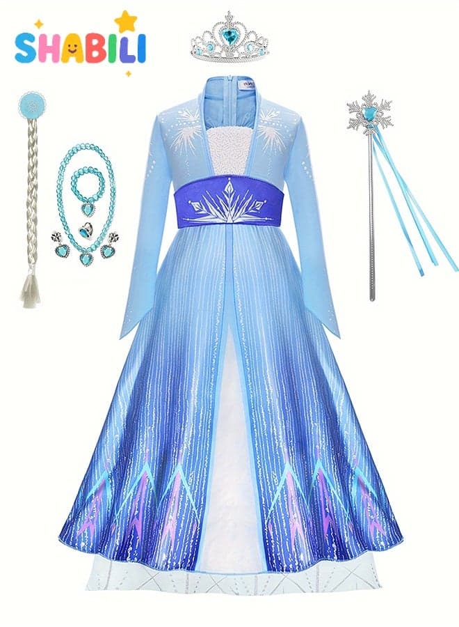Snow Queen Princess Costume for Girls – Blue Tulle Party Dress with Accessory Set (Crown, Wand, Necklace, Gloves), Ice Princess Style Cosplay Outfit for Kids 100–150 cm, Fancy Dress Up Clothing for Girl Parties