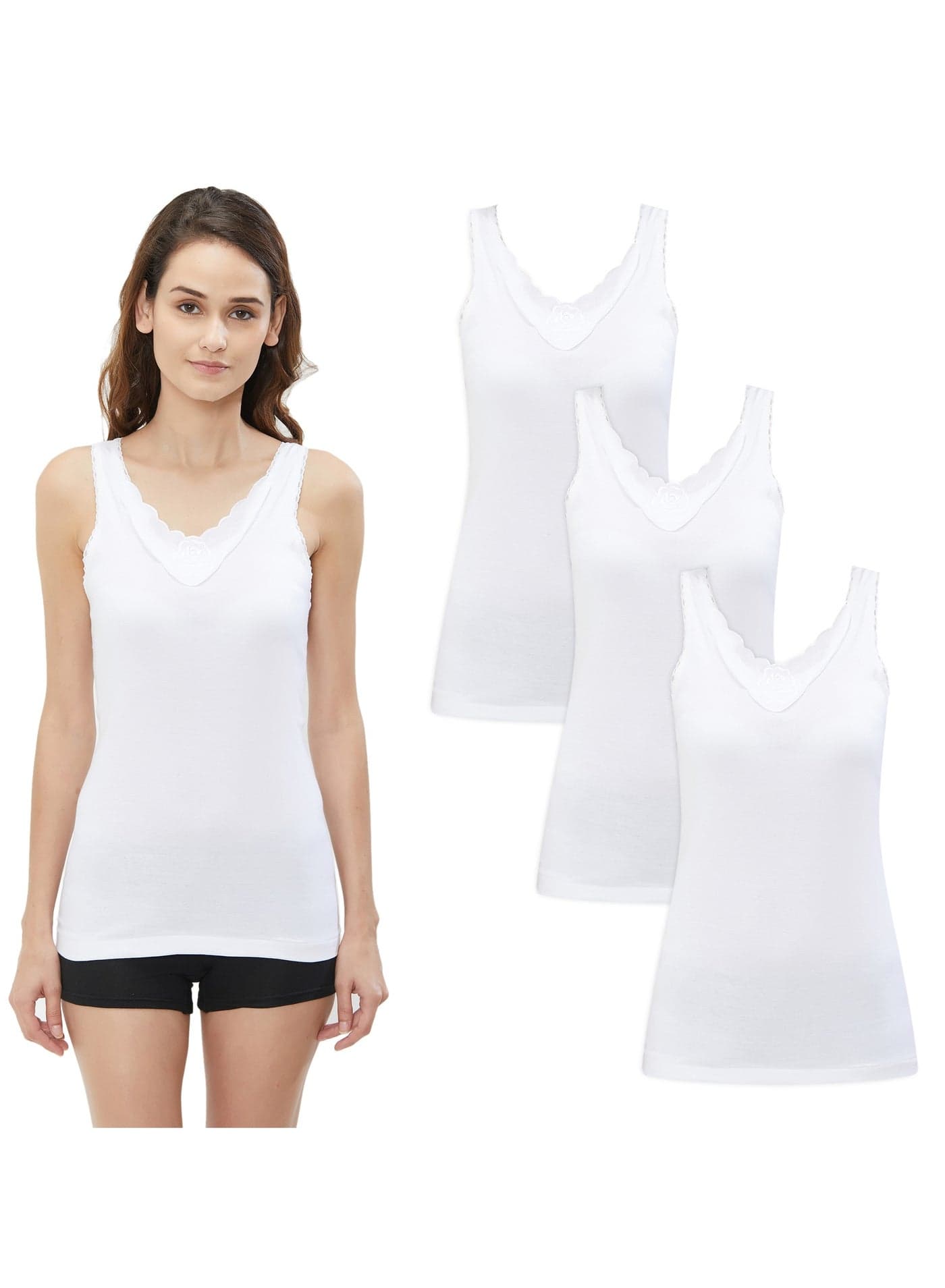 WOMEN'S COTTON VEST WITH LACE DESIGN (PACK OF 3) - WHITE