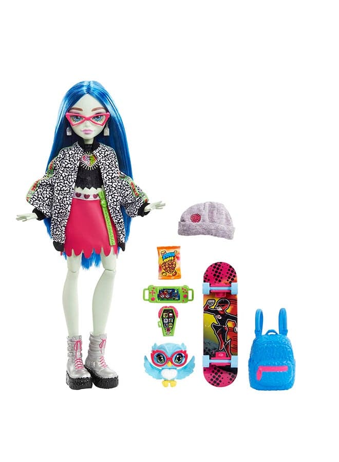 Ghoulia Yelps Posable Doll (10.3 in) with Blue Hair, Pet and Accessories, Gift for 3 Year Olds and Up