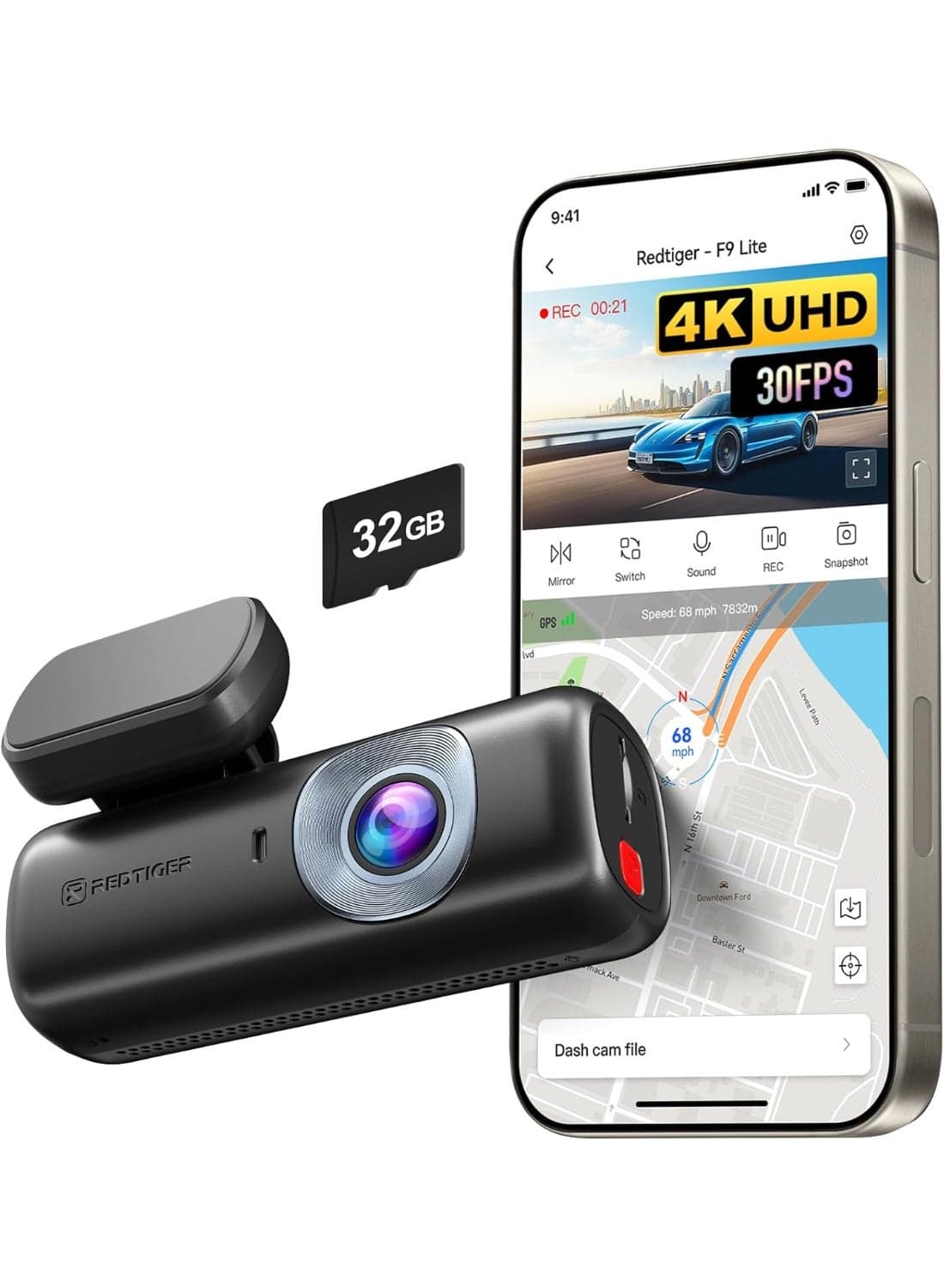 REDTIGER 4K Dash Cam for Cars Front,App Control,ADAS,32GB Memory Card Included,Built-in WiFi GPS,Mini Dash Cam with G Sensor,Night Vision,24H Parking Mode,Loop Recording,F9 Lite