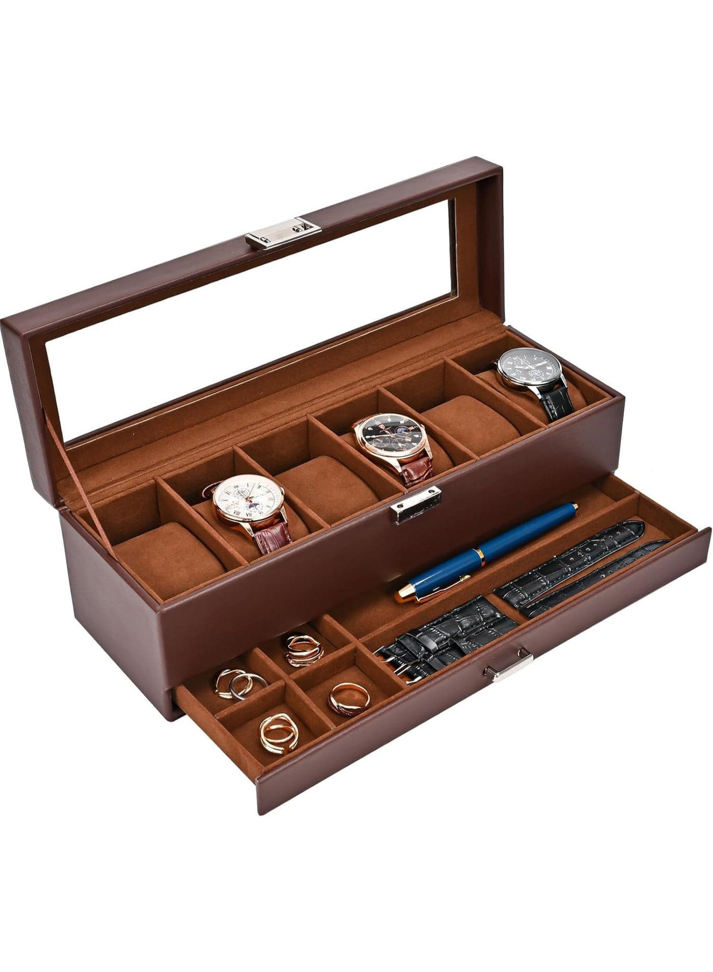 Maanys Watch Box Organizer for Men 6 Slot Watch Case with Glass Lid & Drawer Double Layer Watch Holder & Jewelry Storage Box Gifts for Men and Travel Case