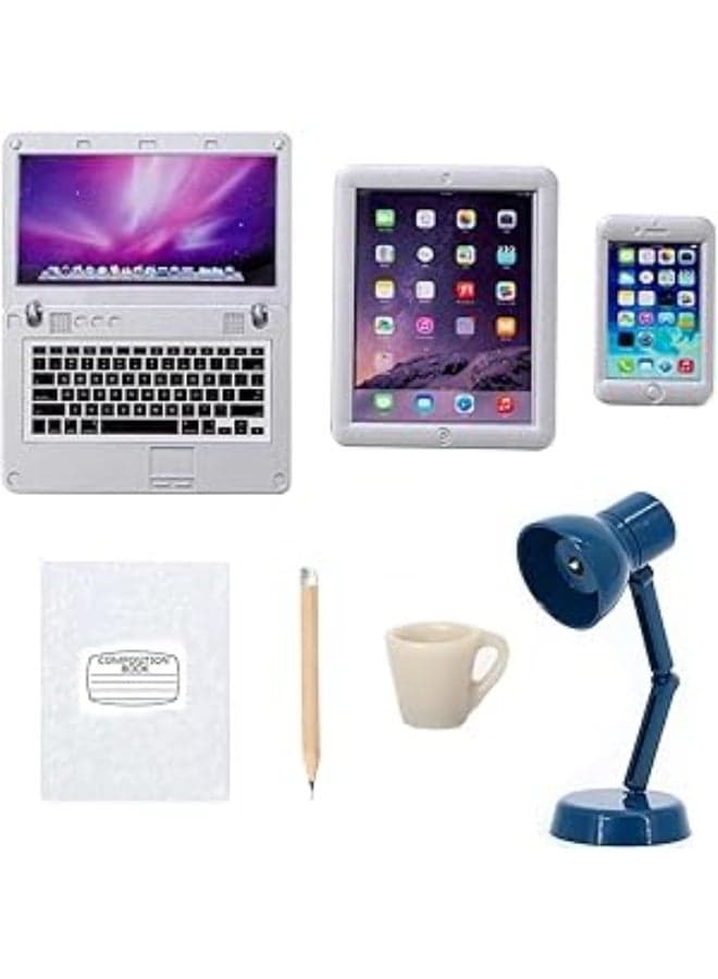 7Pcs Dollhouse Miniature Laptop Computer Miniature Dollhouse Décor Simulation Laptop Tablet Smart Phone Dollhouse Mini Furniture Accessories Dolls Play Sets (Sliver)