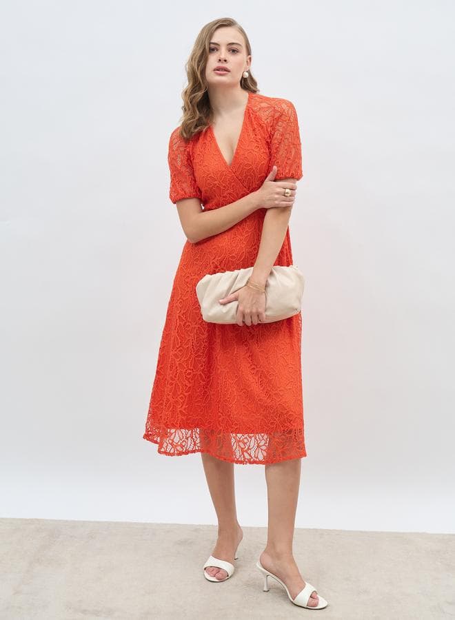 Solid Lace Short Sleeve Wrap Look A-Line Midi Dress