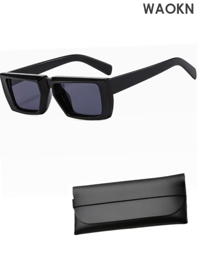 Retro Square Sunglasses for Men Women Trendy Thick Rectangle Chunky Frame Black Shades Fashion 90s Glasses, UV400 Protection Glasse, Vintage Driving Glasses 90’s Fashion Narrow Square Frame