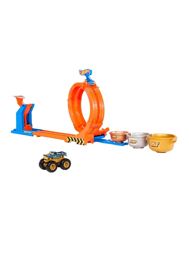 Hot Wheels Monster Trucks Toy Truck & Track Set, Loop-And-Flip Trophy Challenge Playset & 1:64 Scale 50th Anniversary Die-Cast Bigfoot, 2 Ways to Play
