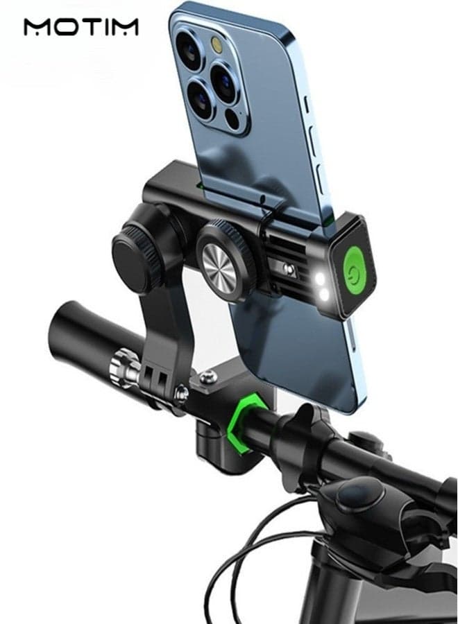 Phone Holder for Bike and Motorcycle, 360° Rotating Adjustable Phone Mount with Light Flashlight and Compass, Anti-Shake & Stabilize Bicycle Cell Phone Mount Clamp, Universal Fit for All Smartphones