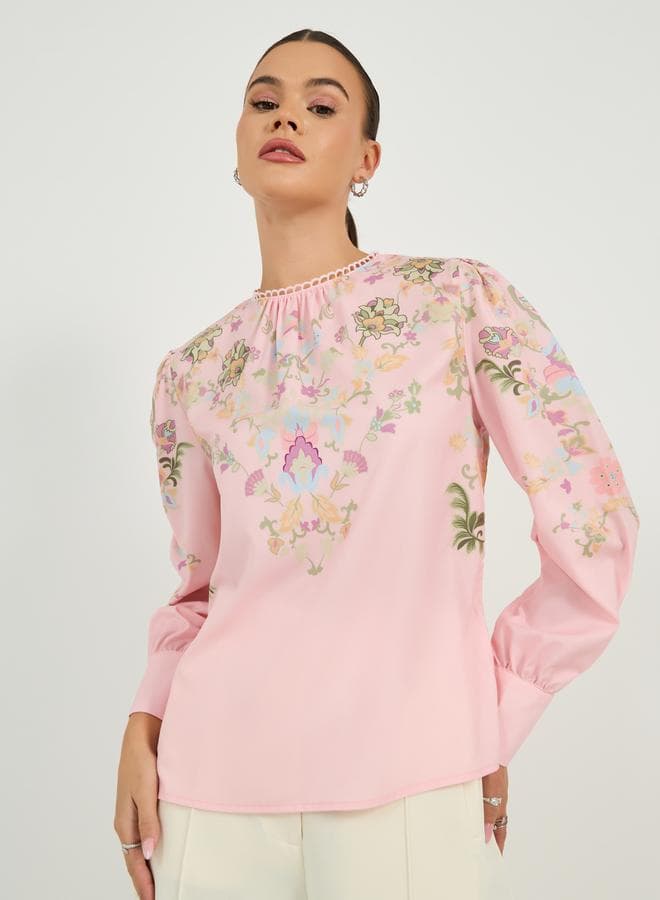 Regular Fit Round Neck Blouse With Placement Print Detail