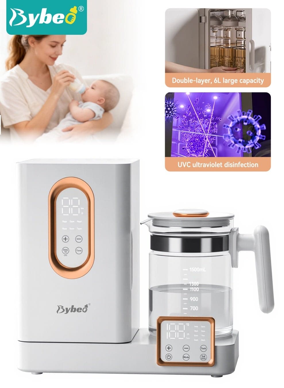 UV Baby Bottle Sterilizer and Dryer, 3-in-1 Bottle Sterilizer Cabinet with Constant Temperature Bottle Warmer, Milk Warmer and Drying Function for Newborn Baby Feeding With Smart Temperature Control