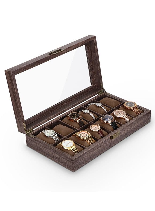 12-Slot PU Leather Watch Box - Watch Case Watch Box Organizer with Acrylic Lid Watch Display Case with Removable Pillows