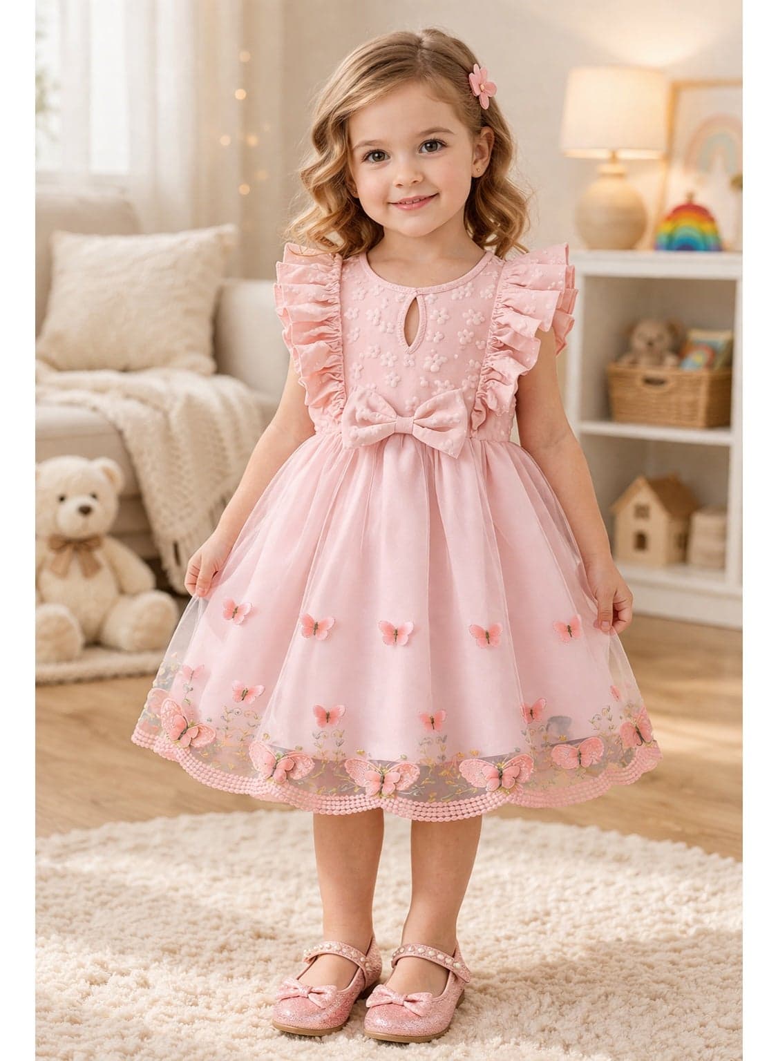 Girls Butterfly Tulle Dress for 4-6 Years | Floral Embroidered Party Dress with Bow | Elegant Princess Birthday Dress | Kids Wedding & Occasion Dress