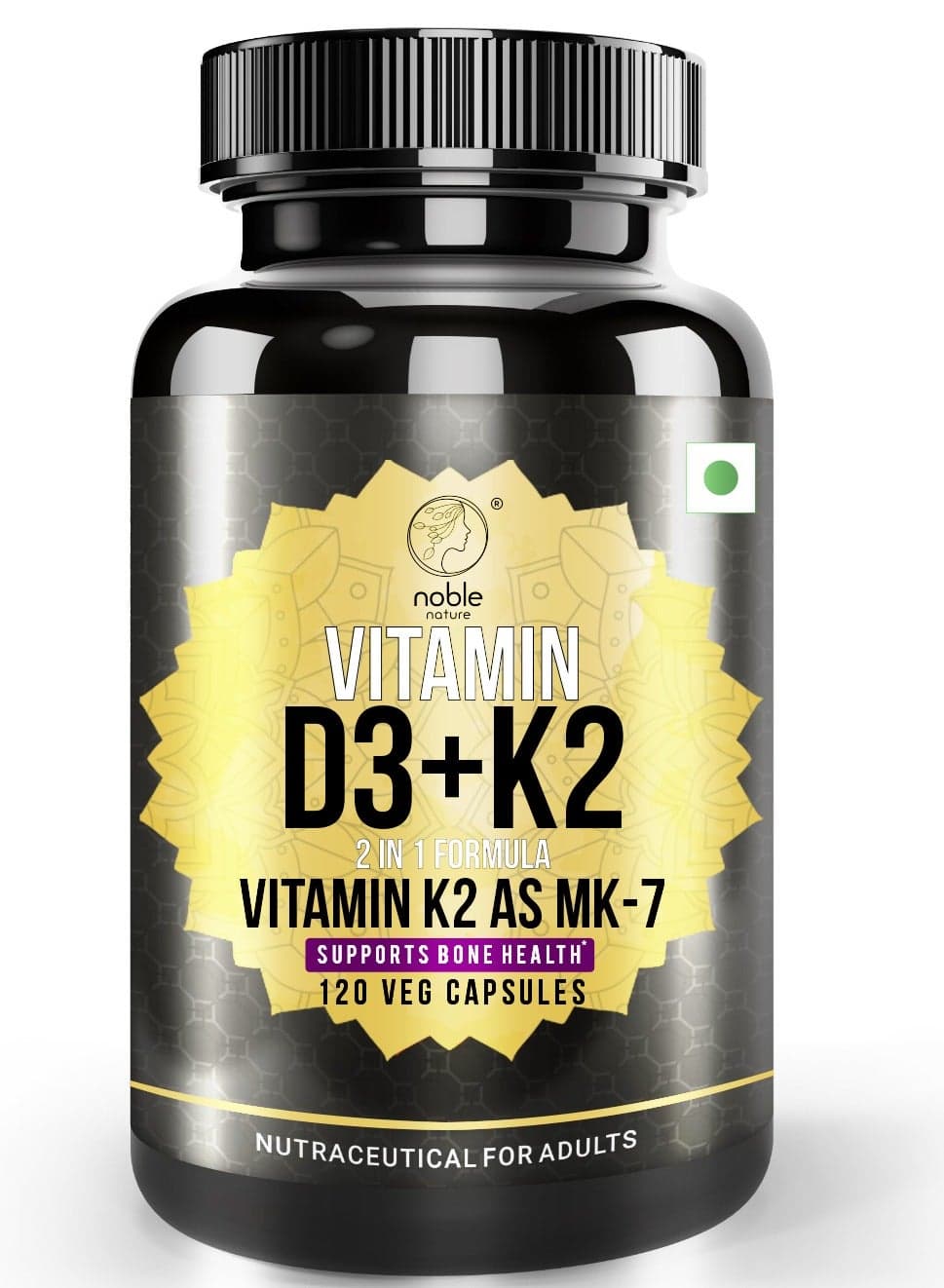 Vitamin D3 + K2, 2 in 1 Formula, Vitamin K2 as MK7, Supports Bone Health - 120 Veg Capsules