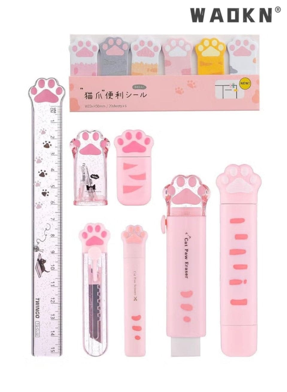 8 Pcs Cute Cat Paw Stationery Set Kawaii School Supplies Including Pencil Sharpener Retractable Eraser Correction Tape Sticky Notes Ruler Mini Scissors Utility Knife for Cat Lovers Students (Pink