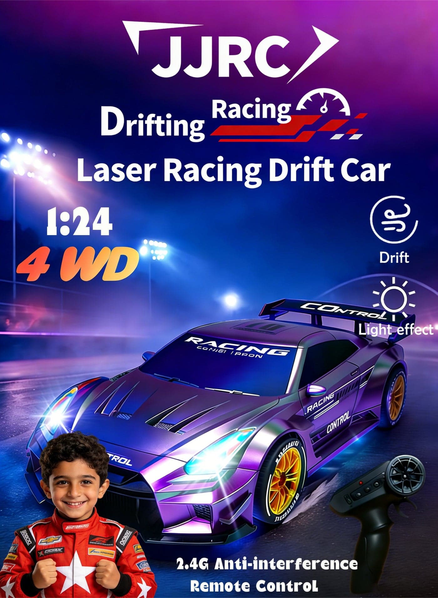 1/24 Scale RC Drift Car, 2.4G 4WD Remote Control Car & LED Lights, Mini roadblocks and replacement tires are included.perfect RC Vehicle gift for Adult and 6-15 years old kids