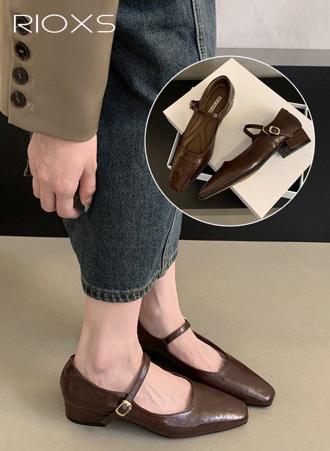 Women's Mary Jane Heels, Square Closed Toes Pump Shoes with Buckle Strap, Classic Anti-slip Chunky Low Heel Mary Jane Shoes for Ladies, Cmofy Lightweight Ladies Ballet Shoes Wedding Dress Shoes for Work, Shopping, Dating, Prom and Daily Wear, Brown