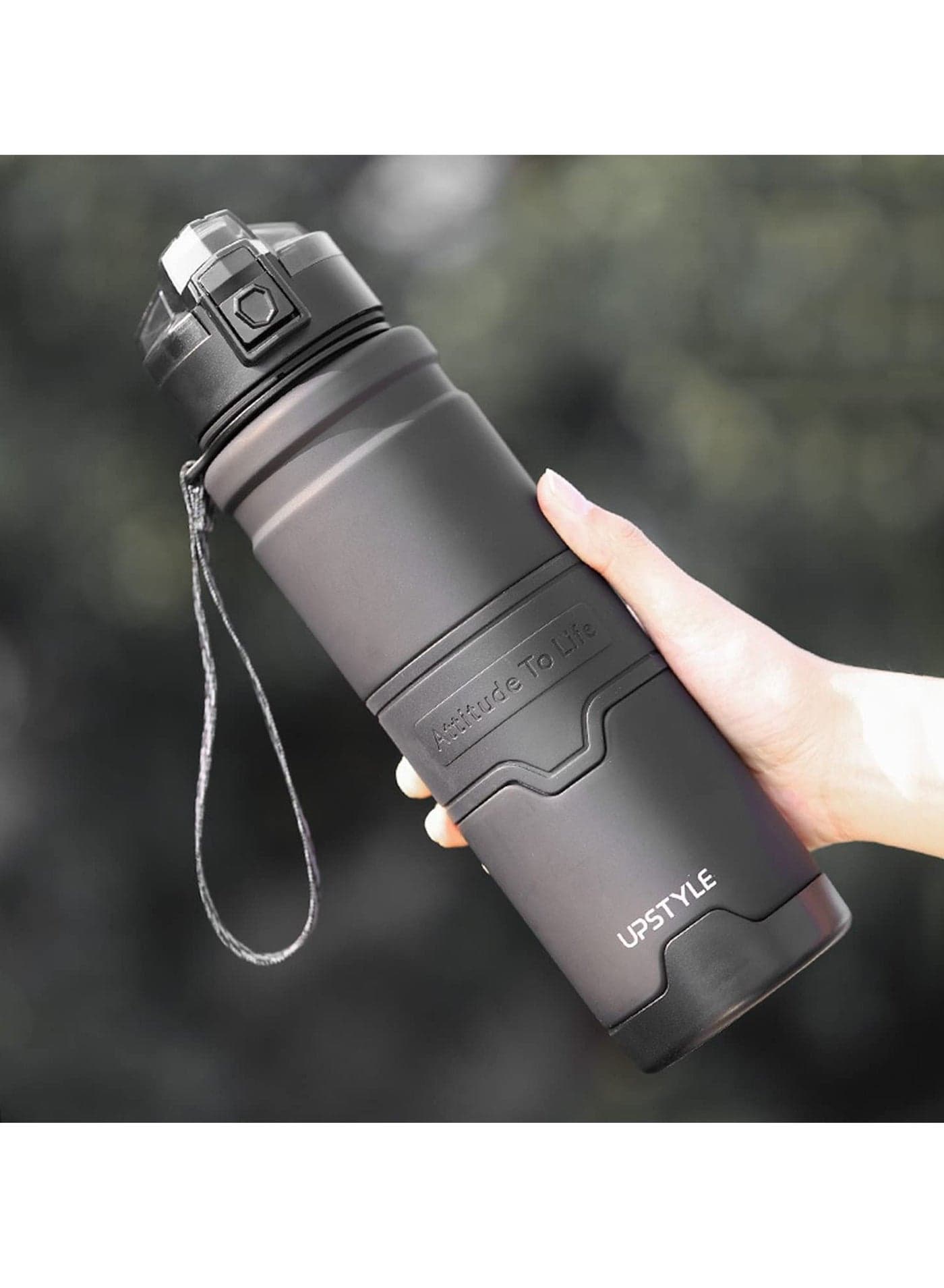 Water Bottle 1L Leak Proof Drink Bottle BPA Free Material Gym Bottle with Protein Shaker Flip Top Lid Removable Strainer for Fitness Cycling Gym Camping Outdoor Sports Black