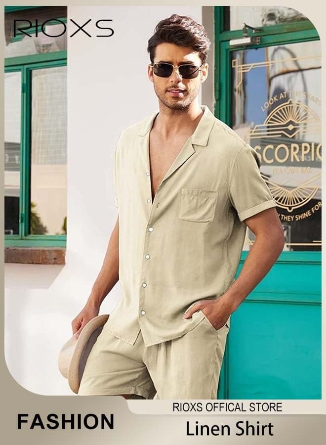 Men's Button-Down Shirts, Casual 2 Piece Outfits with Pockets, Lightweight, Breathable Beach Outfit, Crafted from High-quality Cotton Linen Blend, Perfect for Daily Wear, Sports, Party, Fitness, Working or Traveling