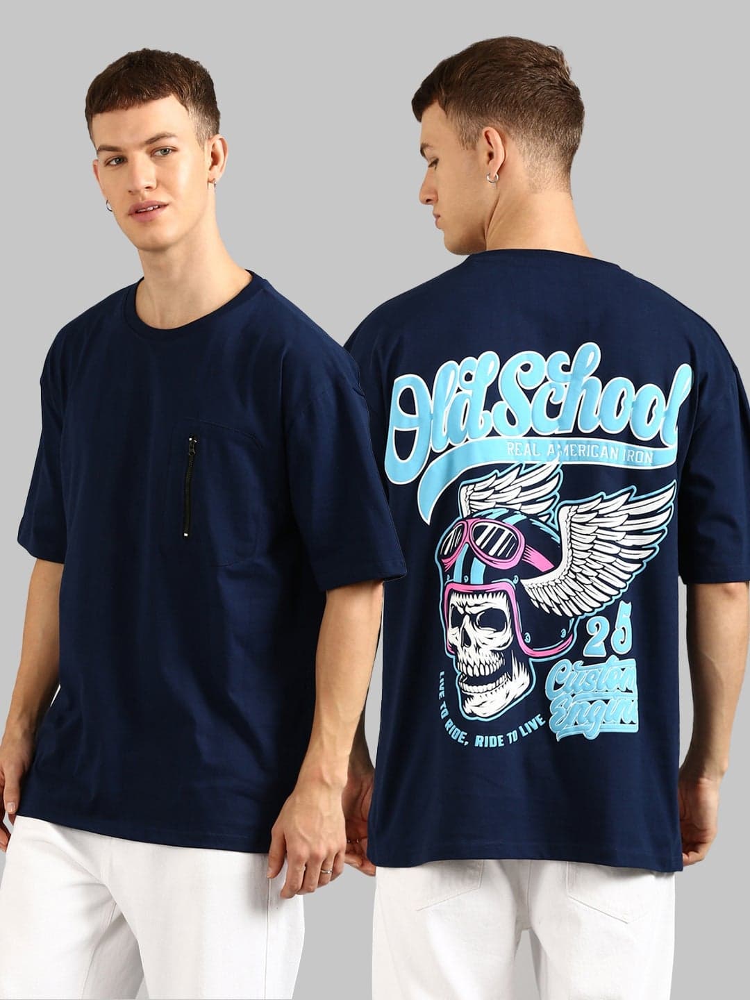 Men Navy Blue Printed and Zipper Pocket Pure Cotton Oversized T-Shirt