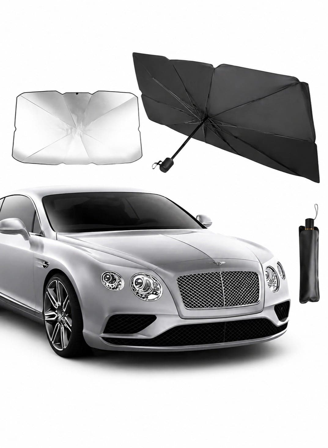Car Windshield Sun Shade Umbrella, Foldable UV Protection Heat Reflector with Leather Storage Pouch, Universal Fit for Sedans SUVs Trucks & Vans