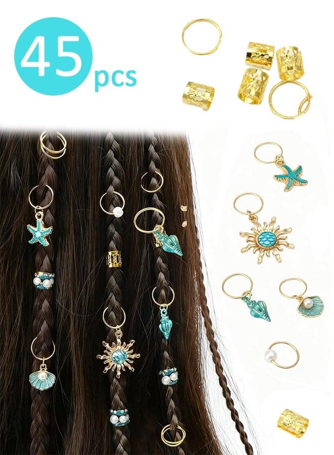 45 Pcs Cute Hair Accessories Gold Hair Jewelry Set, for Braids Ocean Theme Dreadlocks Loc Hair Jewels, Hair Braided Cuffs Rings Decorations