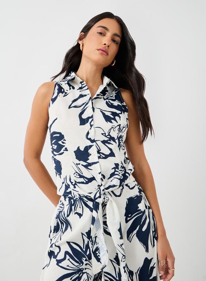 Printed Sleeveless Resort Collar Shirt With Tie-Up Detail