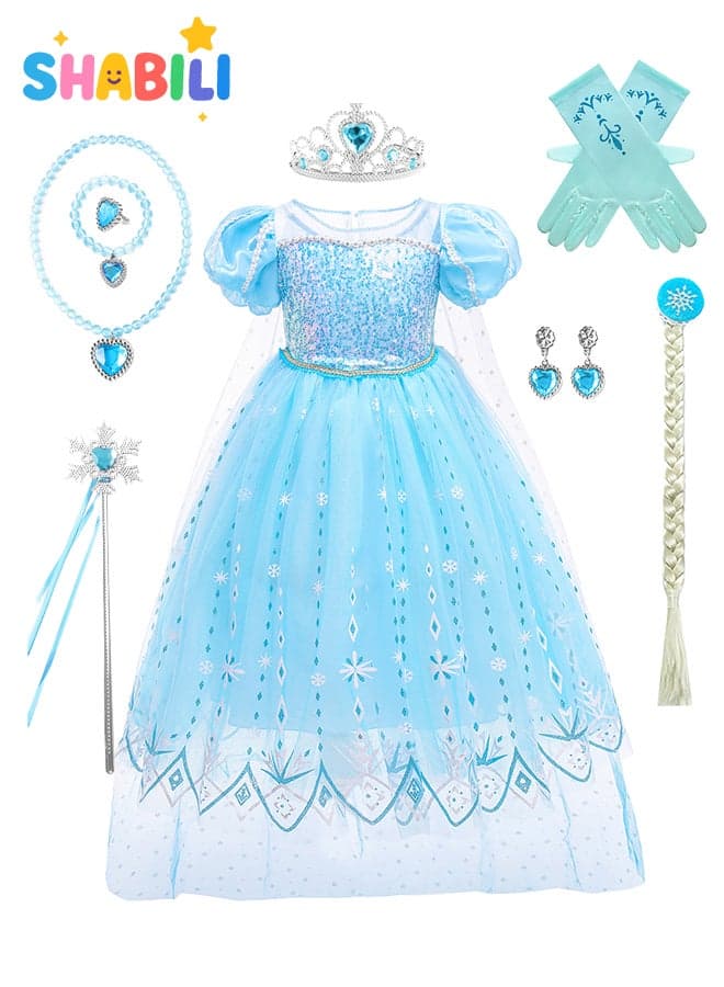 Princess Dress Set for Girls – Kids Ice Queen Costume Outfit with Jewelry Crown, Wand, Gloves & Accessories – Birthday Gift for 3–7Y