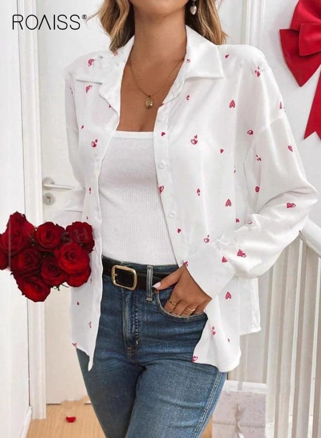 Women's Heart Print Drop Shoulder Long Sleeve Shirt Col Lared Shirt Blouse Spring Loose-Fitting Fashionable Button-Down Cardigan Commuter Top for Ladies