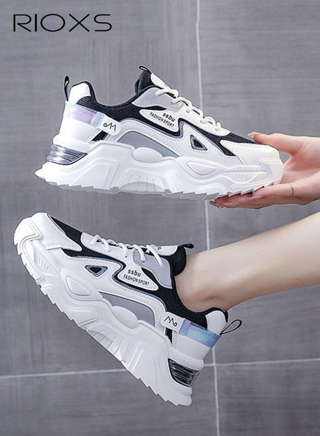 Chunky Sneakers for Women, Comfy Breathable Athlesiure Shoes, Height-Increasing Platform Sneakers Dad Shoes, Fashionable Casual Lace-up Walking Shoes, Lightweight Sneakers with Anti-Slip Soles, Chic Sneakers for Streetwear and Daily Outfits, Black Grey Trainers