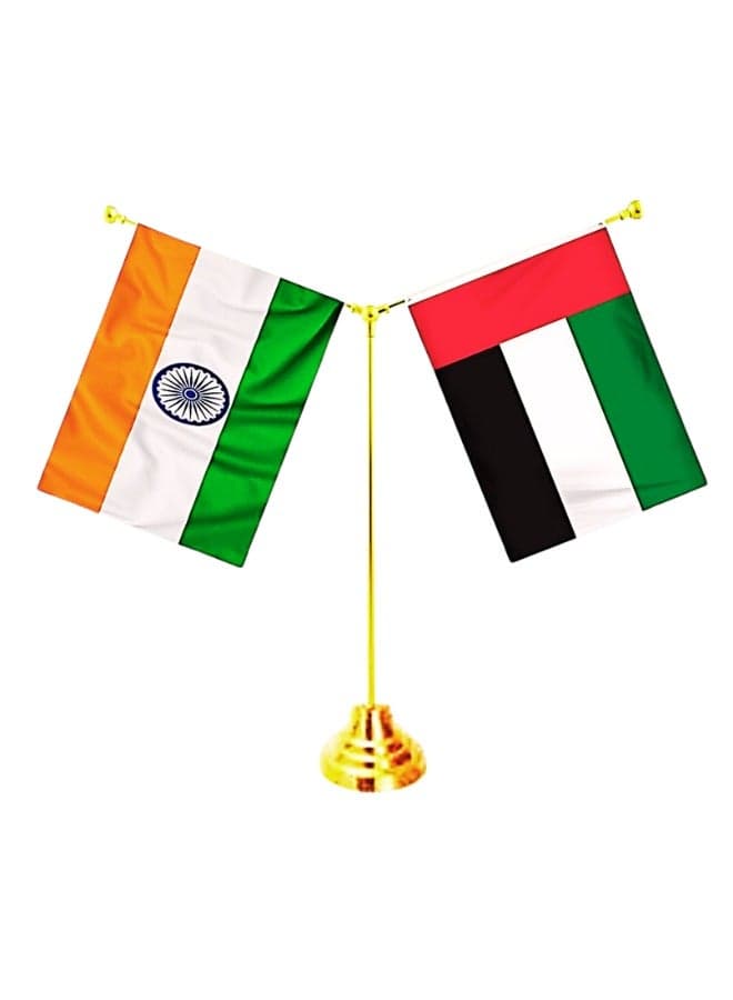 Unique Flag United Arab Emirates UAE & INDIA Flags Shining and Bright with Y-Shape Classy Brass Base Table Stand