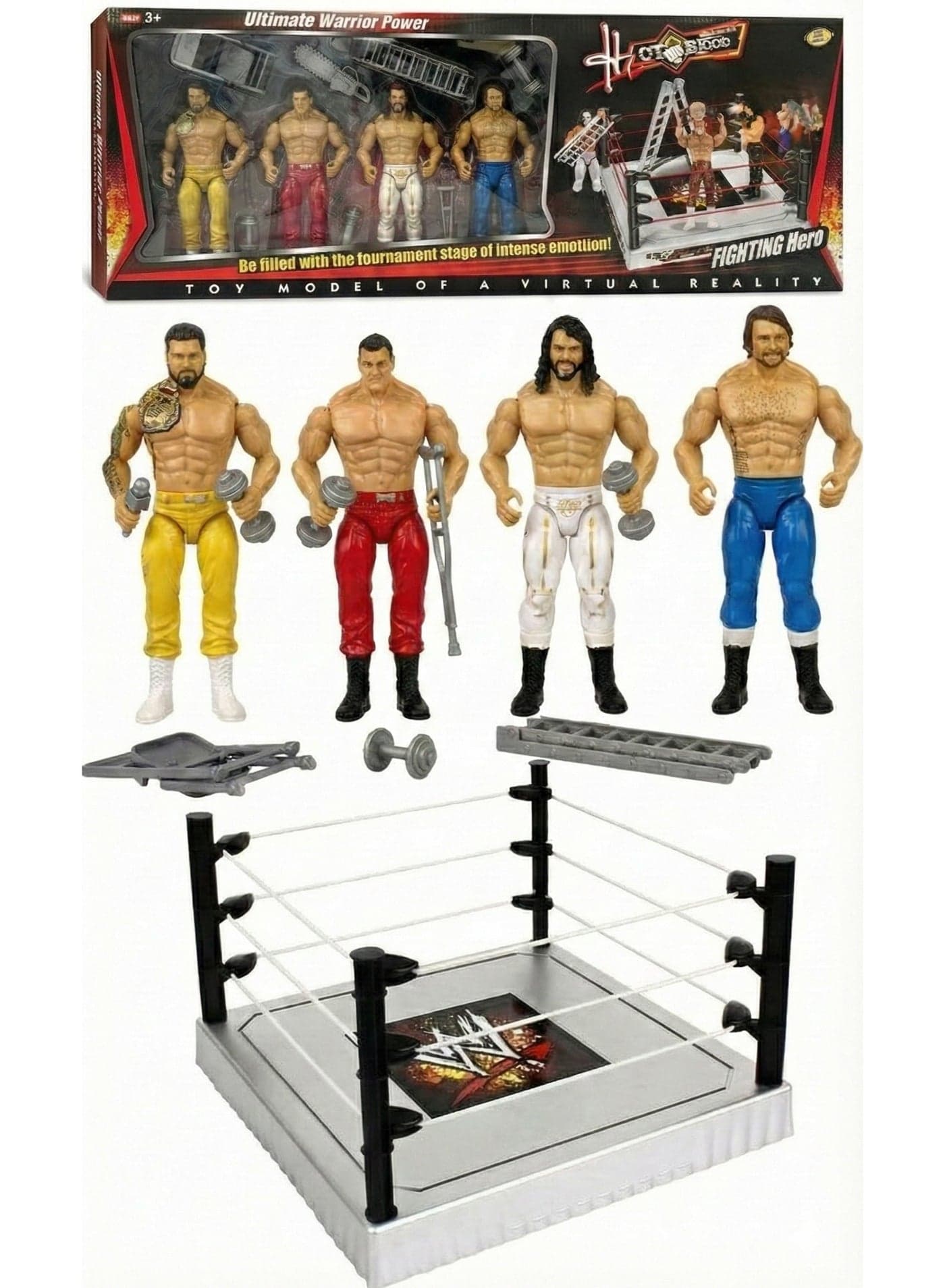 Wrestling Action Figures with Ring Playset – Flexforces 4 Pcs Ultimate Warrior Power Fighting Heroes | WWE Style Wrestler Toy Models with Ladder, Chair & Dumbbell Accessories | Miniature Grappling Battle Arena | Best Birthday Gift for Boys 3+