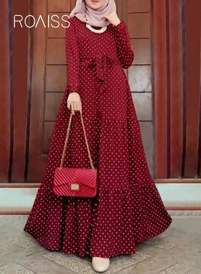 رداء نسائي بأكمام طويلة وتنورة طويلة وحزام أنيق وحاشية كبيرة وملابس إسلامية باللون الأحمر وحزام أنيق مزخرف وحاشية واسعة من القماش الناعم المتدفق مثالي للارتداء اليومي والمناسبات الخاصة