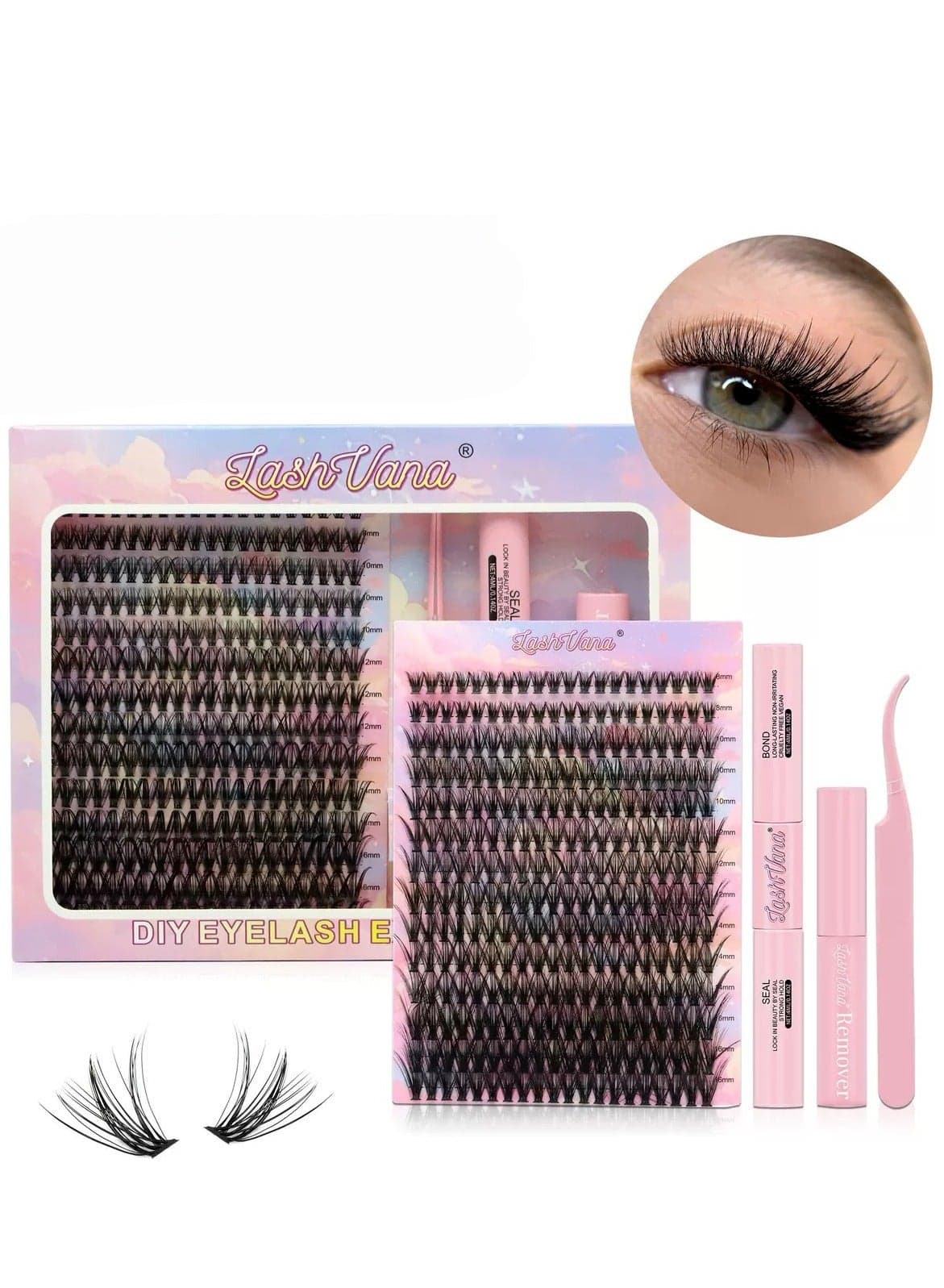 280pcs False Eyelashes With Glue Kit, Individual Lash Clusters With Lash Bond,Lash Remover And Applicator, Eyelash Extension Kit, Easy To Apply At Home.