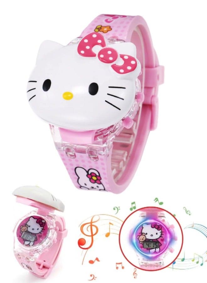 Hello Kitty Cartoon Children's Watch, Children's Watch Toy with Light Effect, Kids Electronic Watch with Music, Flip-top Cartoon Watch for Kids