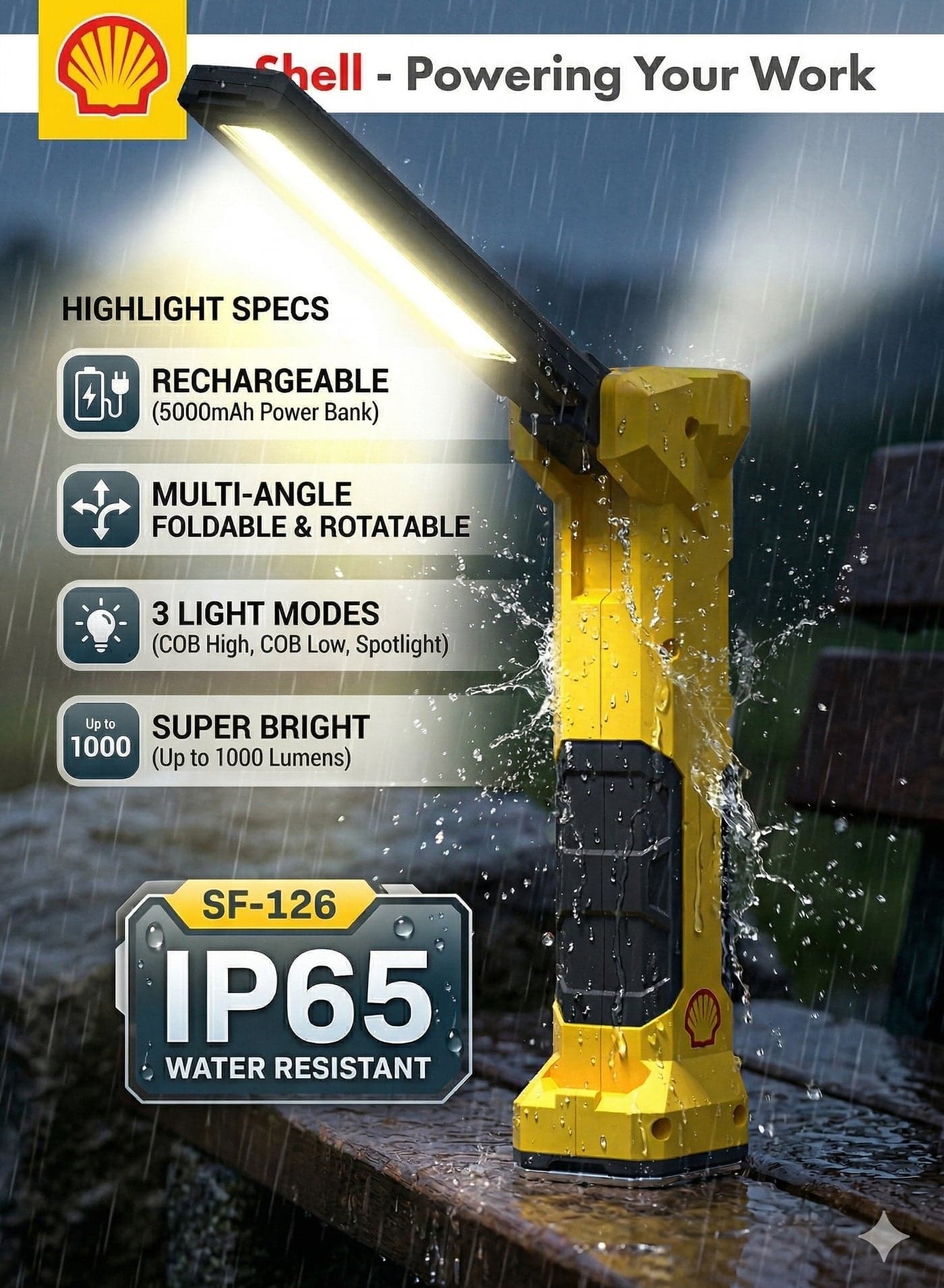 SHELL Rechargeable LED Work Light | 3-in-1 COB Floodlight & Spotlight | 5000mAh Power Bank | Magnetic Base | Foldable & Rotatable | IP65 Waterproof | for Garage, Car, Camping & Outdoor Use