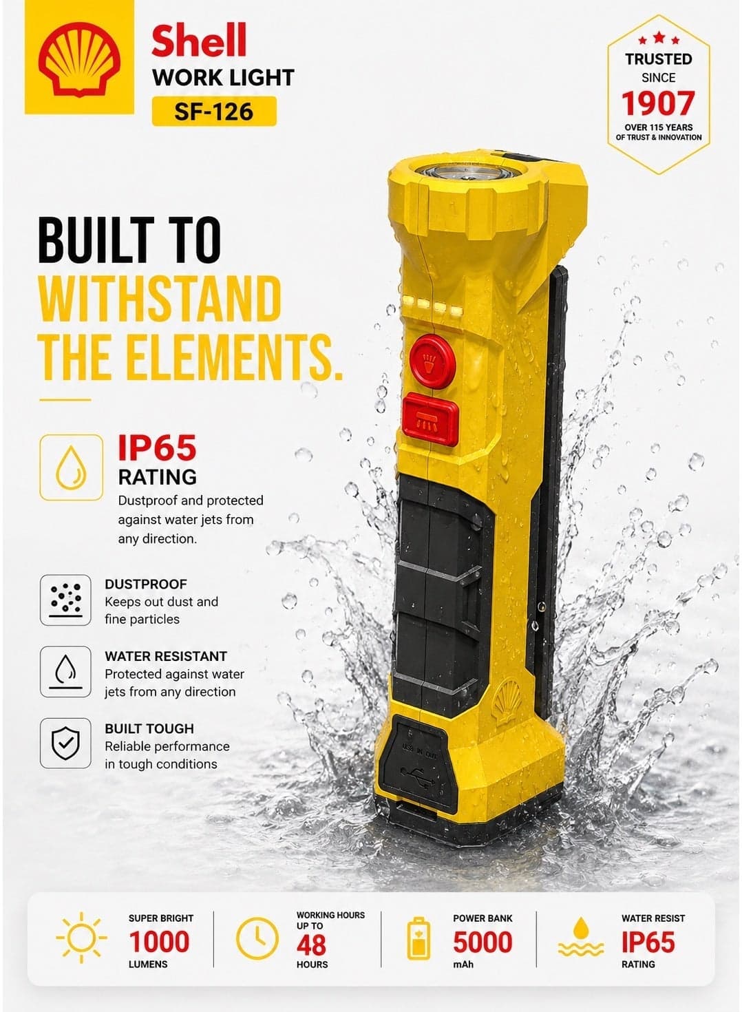 Shell Rechargeable LED Flash & Search Light | 3-in-1 COB Working light & Flashlight | 5000mAh Power Bank | Magnetic Base | Foldable & Rotatable | IP65 Waterproof | for Garage, Car, Camping & Outdoor Use