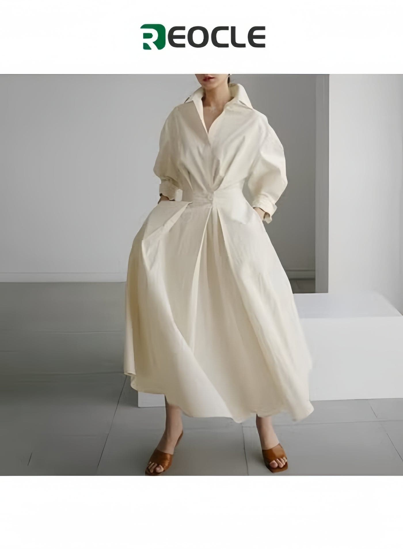 Dress Elegant Women Spring Autumn Sundress Lapel Neck Long Sleeve Solid Long Shirt Dress