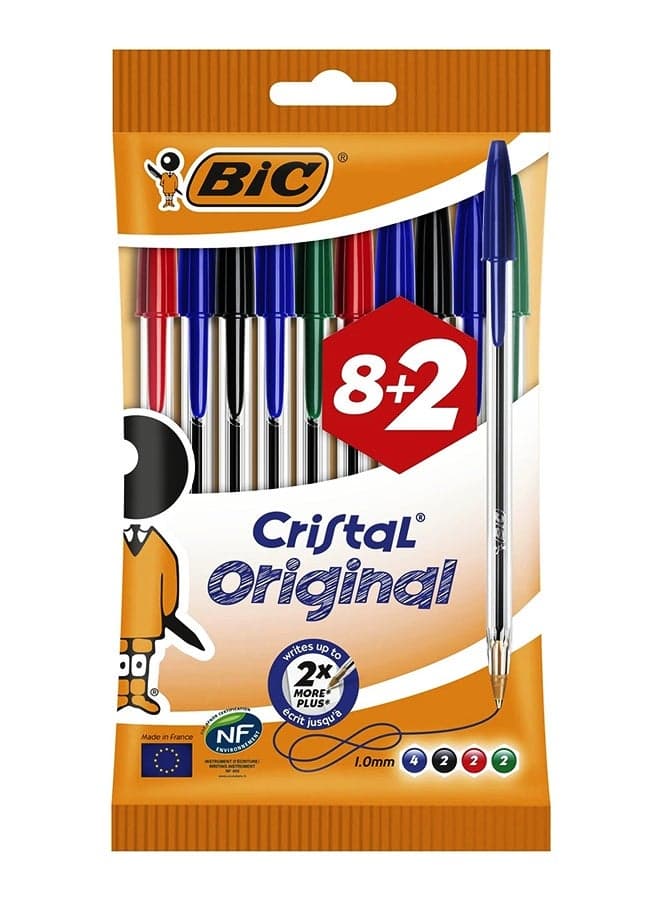 BIC Cristal Original Assorted Colors Ballpoint Pens Medium Point (1.0 Mm) Pack Of 8+2
