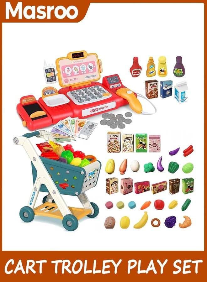 Shopping Cart Trolley Play Set and Pretend Play Calculator Cash Register Toy with Pretend Food and Accessories,Perfect for Ages 3+ Pretend Play and Role-Playing Games