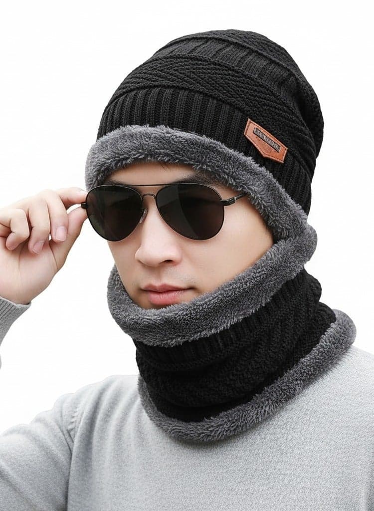 2-Piece Black Winter Thick Hat Beanie scarf set