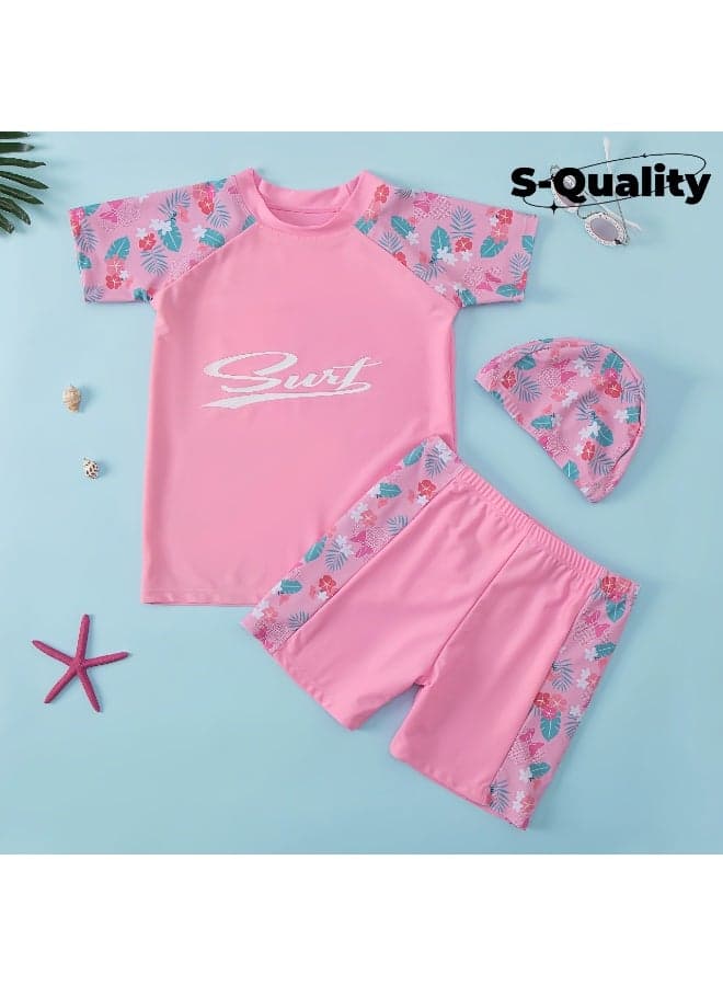 3-Piece Girls’ Bathing Suit Set – Swimsuit, Shorts & Cap – Fun Summer Swimwear for Kids