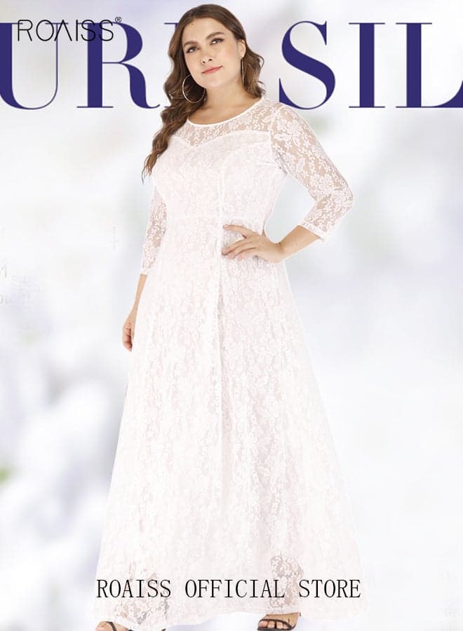 Women's Plus Size Lace Dress for Wedding Party Dating Solid Color Midi Long Loose Dress Transparent three quarter Sleeve Boat Neck Large Hem Elegant Evening Dresses White