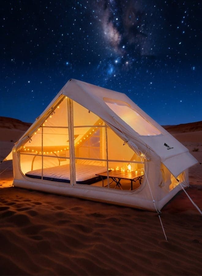 Inflatable camping tent with panoramic skylight and light strings, UV protected, instant setup, anti-mosquito design, suitable for desert safaris, family camping and beach outings (3x2.1x2m)